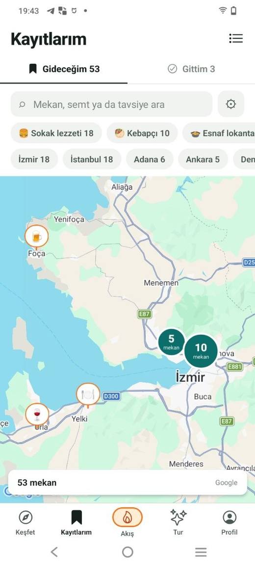 Kayıtlarım harita görünümü