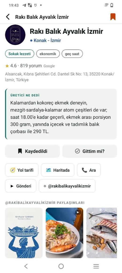 Mekan kartı: isim, puan, adres, üreticinin tavsiyesi ve Kaydet düğmesi
