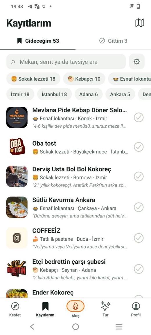 Kayıtlarım liste görünümü